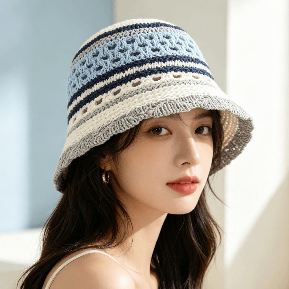 Wide Brim Crochet Panama Hat Breathable Beach Sun Hat Popular Striped Bucket Hat Daily
