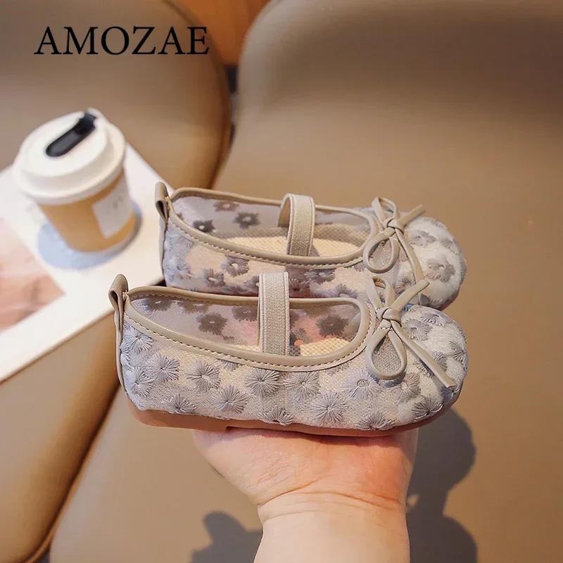 Girls Summer Shoes Flats Moccasins Children Loafers Mesh Breathable Embroidered Bowknot Princess Mary Jane Dress Shoes