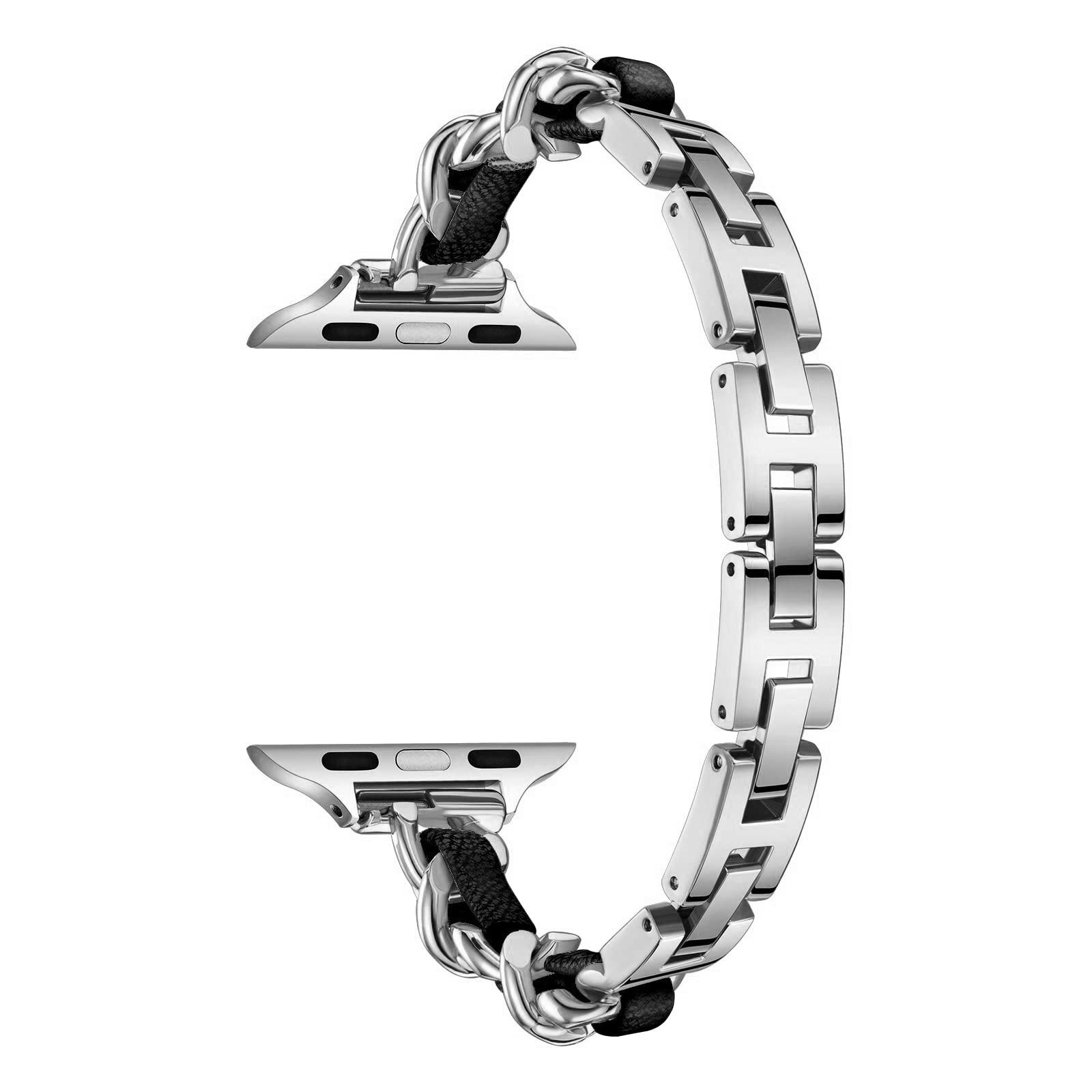 

KALEBOL Single Row Beaded Strap for Apple Watch Series 10 9 8 7 SE 6 5 4 3 2 1 42mm 41mm 40mm 38mm Zinc Alloy Watchband Silver/Black