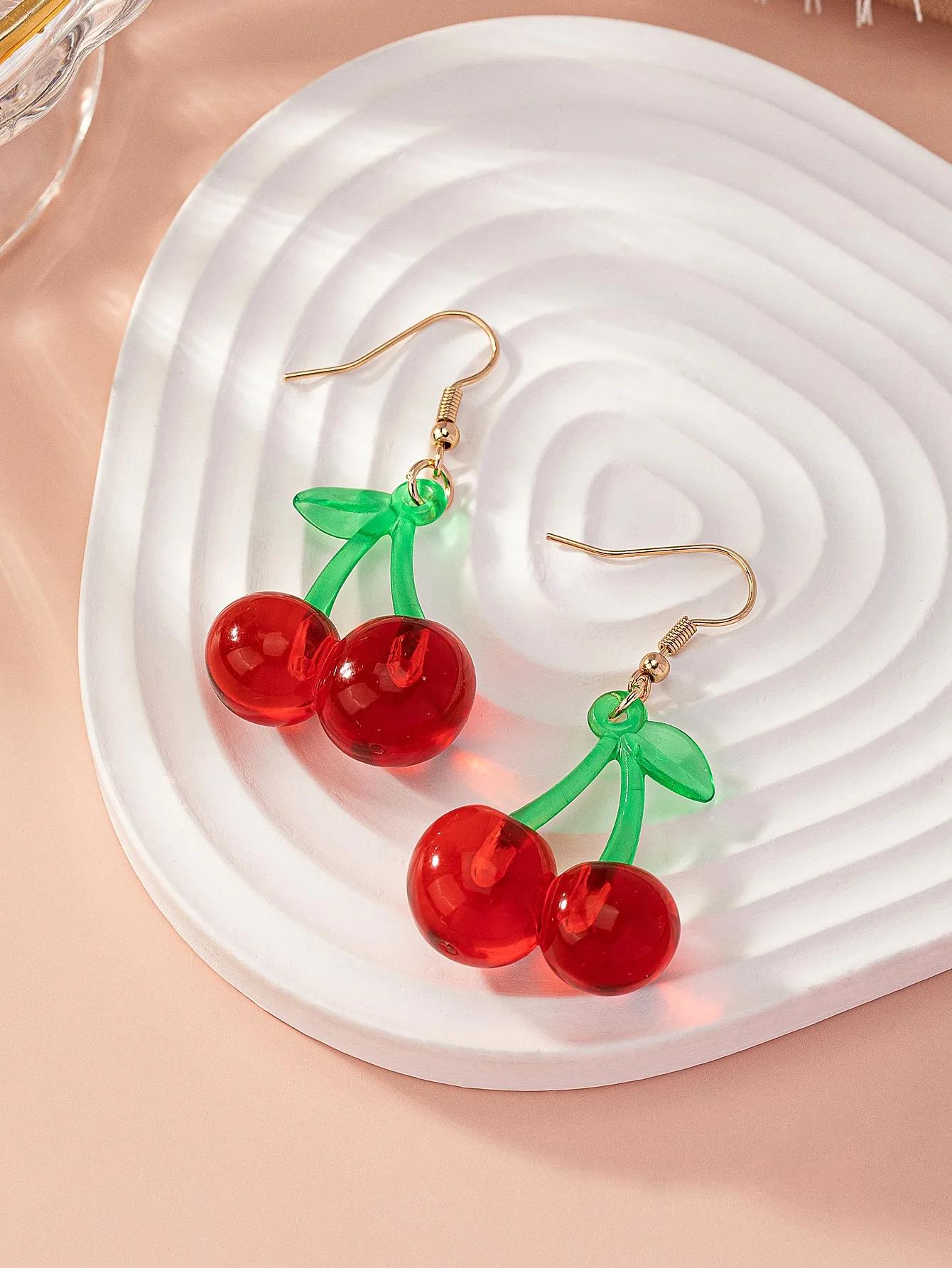 1Pair Cute Sweet Cherry Resin Drop Earrings, Gold Tone Hook Style Earrings with Red Cherry and Green Leaf Design, Fashionable Statement Accessories fo United States