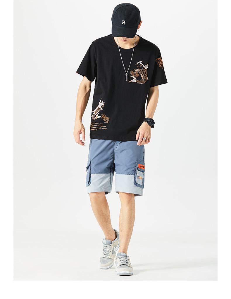 Pánské etnické bavlněné tričko s výšivkou kapra, krátký rukáv, volný střih, nadměrná velikost, styl národní vlny