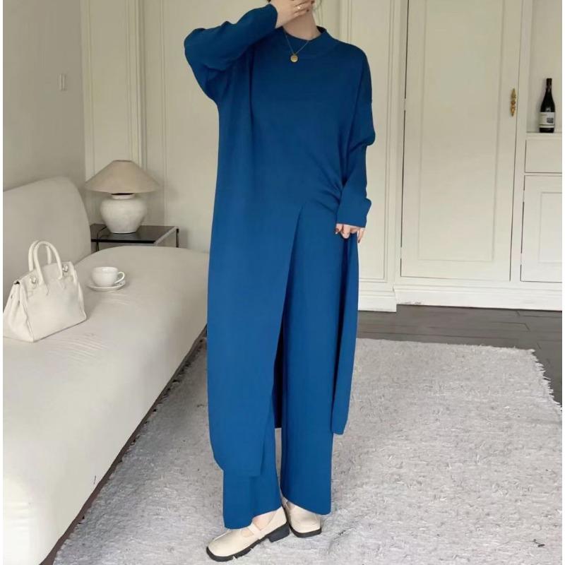 Lazy large size split two-piece sweater autumn and winter new wide-leg pants medium and long pullover knitted sweater set