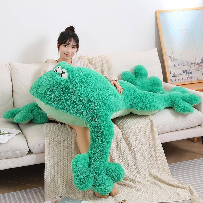 Non-Toxic Green Frog Stuffed Plush Toys Lying Down Frog Plushies Animal Doll Pine Needle Velvet Lumbar Support Cushion Pillow Living Room