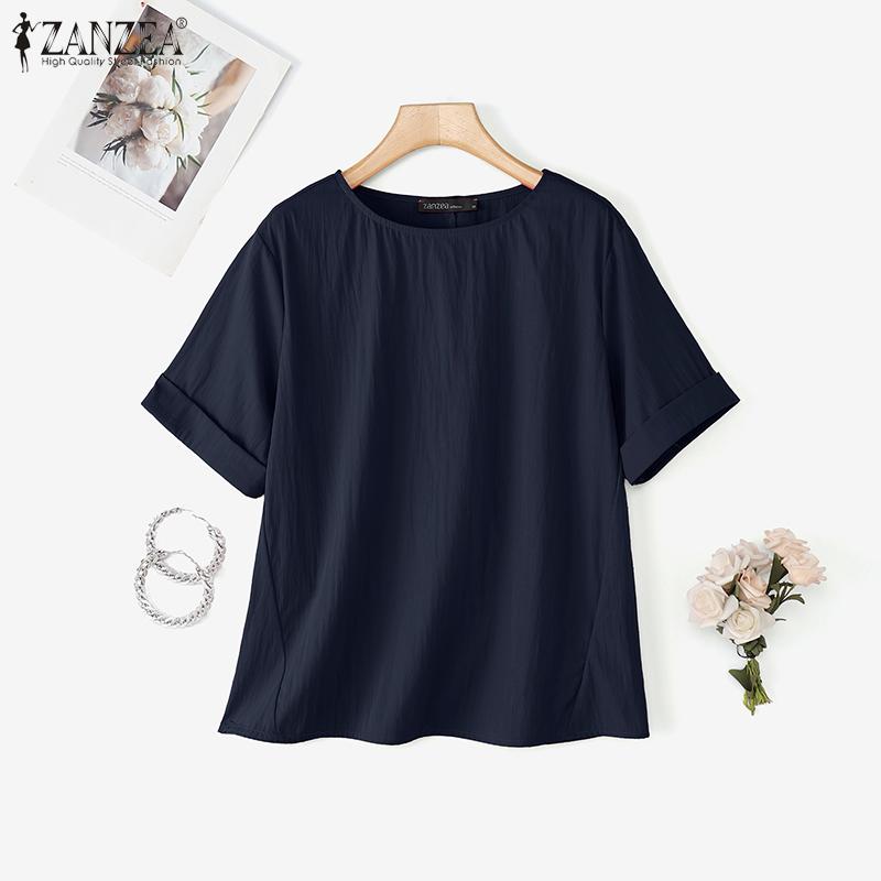 

ZANZEA Elegant Women Short Sleeve O-neck Solid Color Casual Loose Blouse S темно-синий