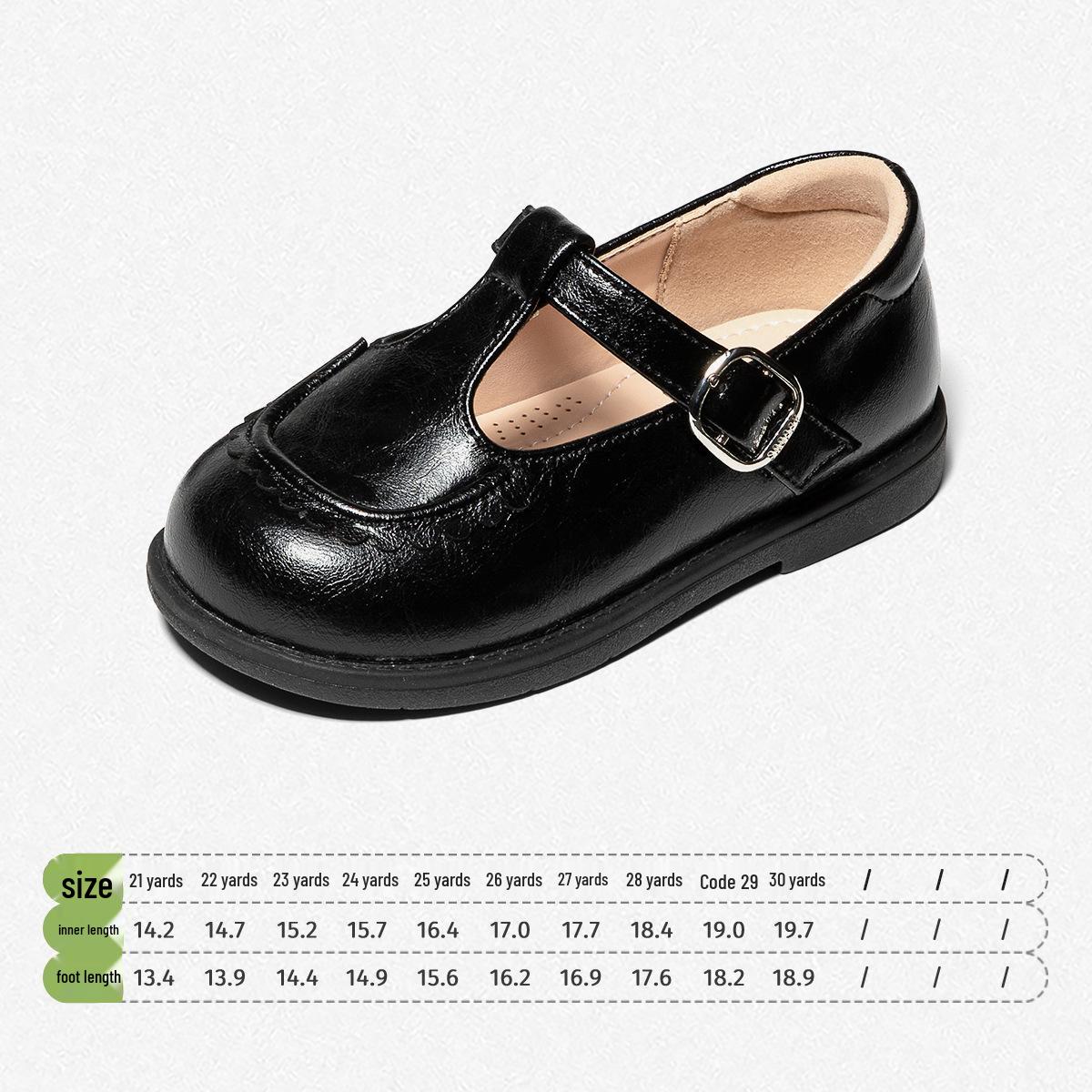 Snuffy Girls  Black Leather T-Strap Shoes - Spring 2026, Soft Sole & Non-Slip for Little Girls 25