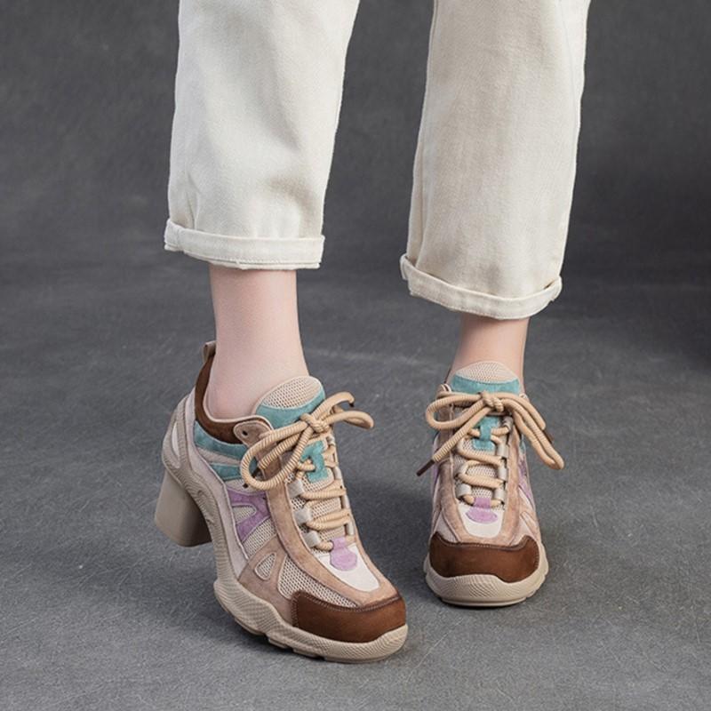 Johnature Fashionable Breathable Sports Style High Heels Mixed Colors Versatile Lace-up Women's Shoes