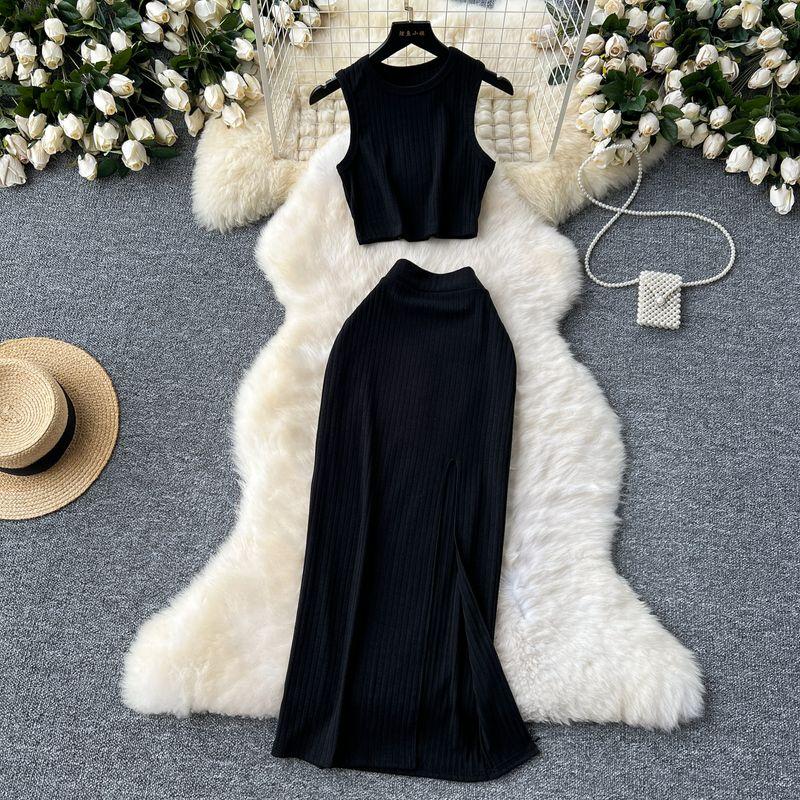 

Pure Desire Suit Women s Sexy Sleeveless Short Cropped Tank Top Women s Top + High Waist Slit Package Hip over-the-Knee Skirt Black One size