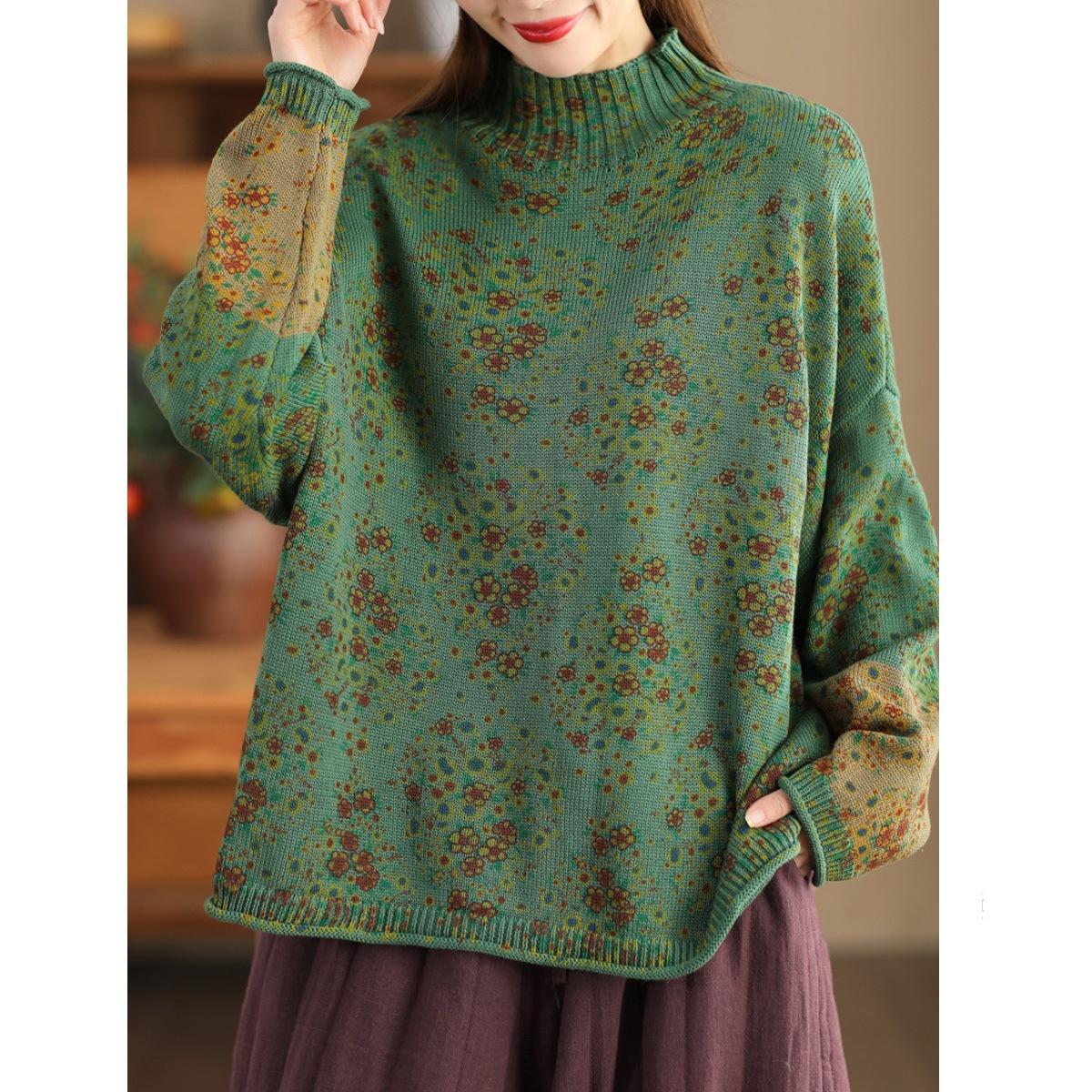 

Осенне-весенние женские свитера-пуловеры с воротником-стойкой, отворотом и длинными рукавами, лоскутный принт, цветочный трикотажный женский свитер из хлопка One Size