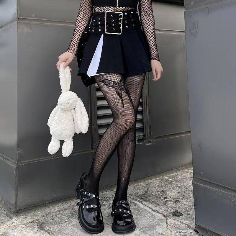 Gothic Girls Big Butterfly Print Stockings New Design Women Goth Punk Mesh Fish Net Pantyhose Sexy Stockings
