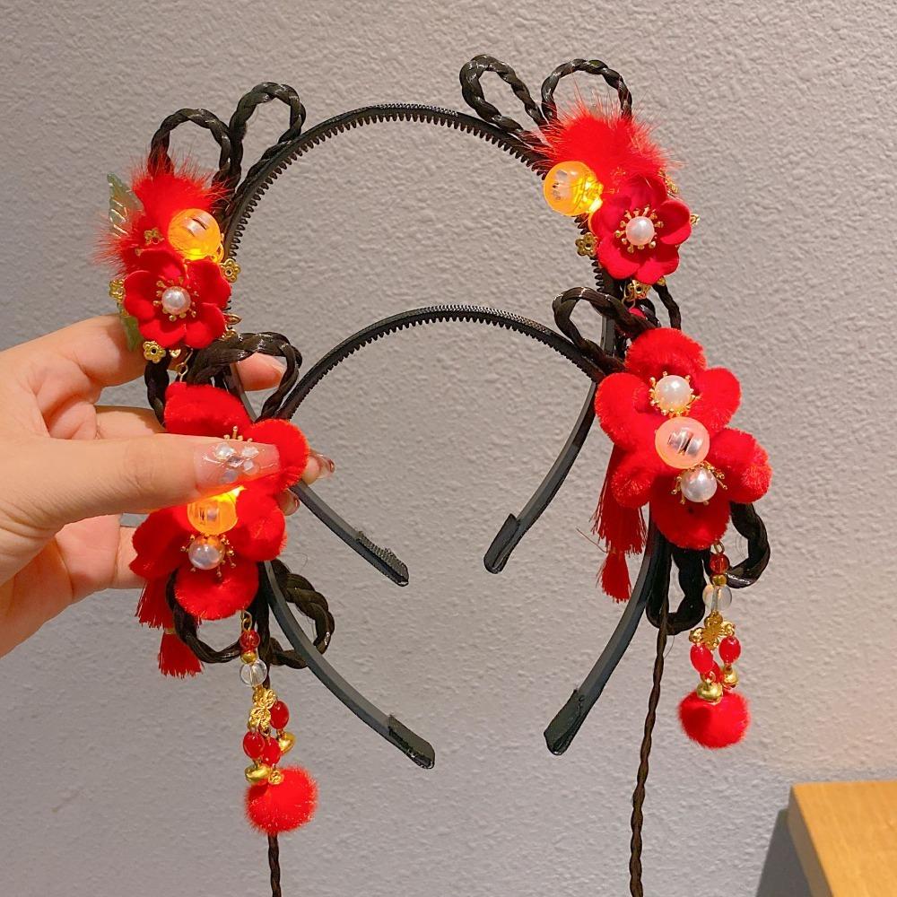 Red Flower Tassel Hairband Pigtail Wig Chinese Style Hair Hoop Fashion Hanfu Wig Headband  Children