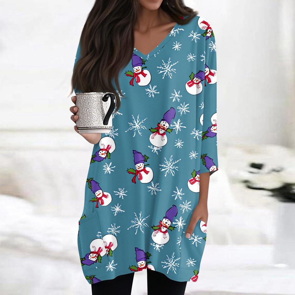 Womens Tops V-neck 3/4 Sleeve Blouses Casual Mid-length Shirts Fashion Christmas Print Tunic Tops With Pockets