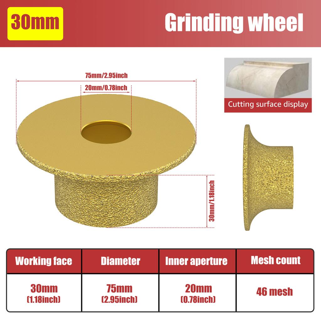3in Dia Vacuum Brazed Diamond Grinding Wheel 20mm Bore Dia Demi-Bullnose Marble Stone Edge Profile Grinding Disc 46 Grit