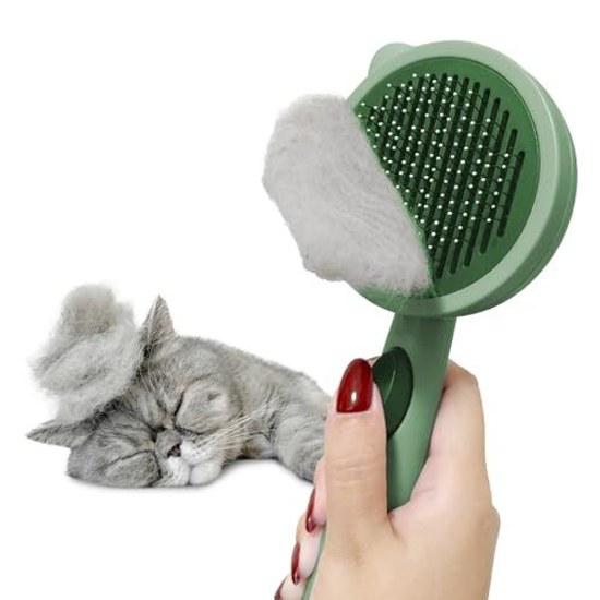 FelineBees Cat Dog Brush Gentle On Skin Pain-Free Long Hair Short Healing Slicker Comb Pet Removal Brushing Feline Beads (Moss Green)