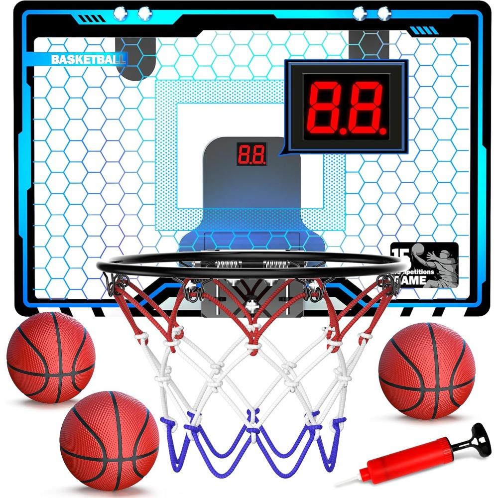 Children s indoor mini basketball hoop, door basketball hoop with LED lights, mini basketball hoop with scoreboard and 3 basketballs