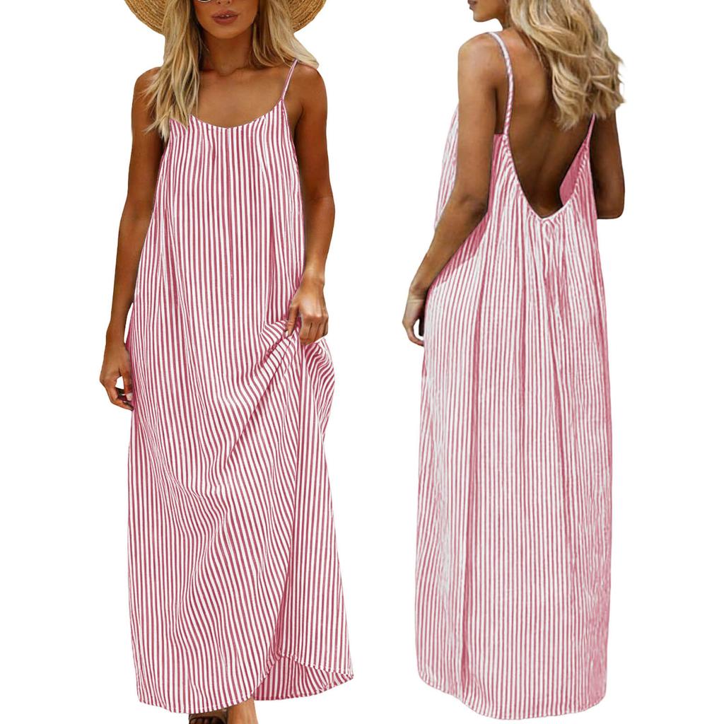 Women's Summer Cotton Linen-like Striped Maxi Dress Sleeveless Spaghetti Strap Backless Loose Casual Beach Sundress for Vacation Daily Wear