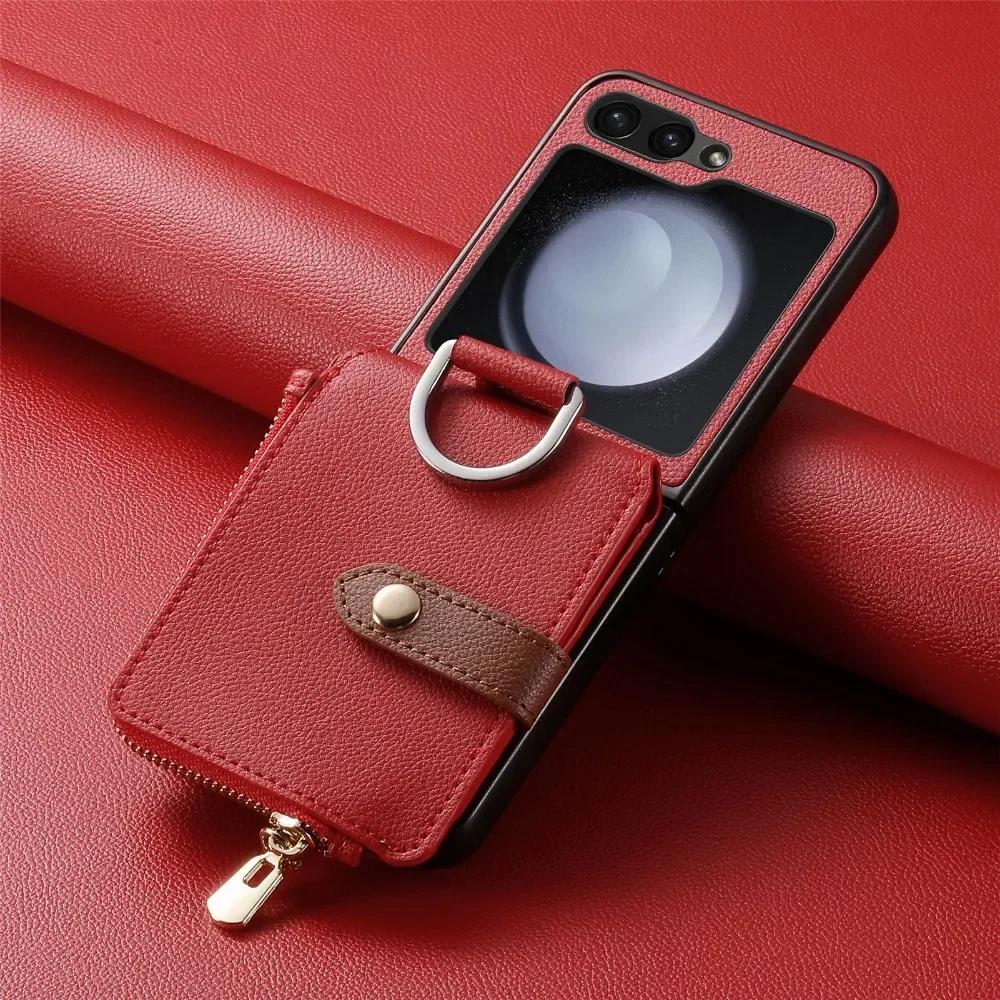 Prstenový kryt na telefon s držákem na karty pro Samsung Z Flip 6 5 4 3 Flip6 Flip5 Flip4 Flip3 5G Zipová peněženka PU kožený kryt