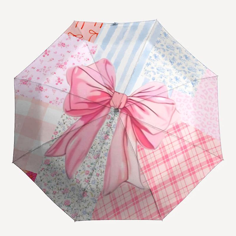 1pc Pink Bow Decorative Automatic Folding Umbrella, 8-Rib Iron Frame, Casual Outdoor Accessory for Birthday Festival Gifts yy251128212