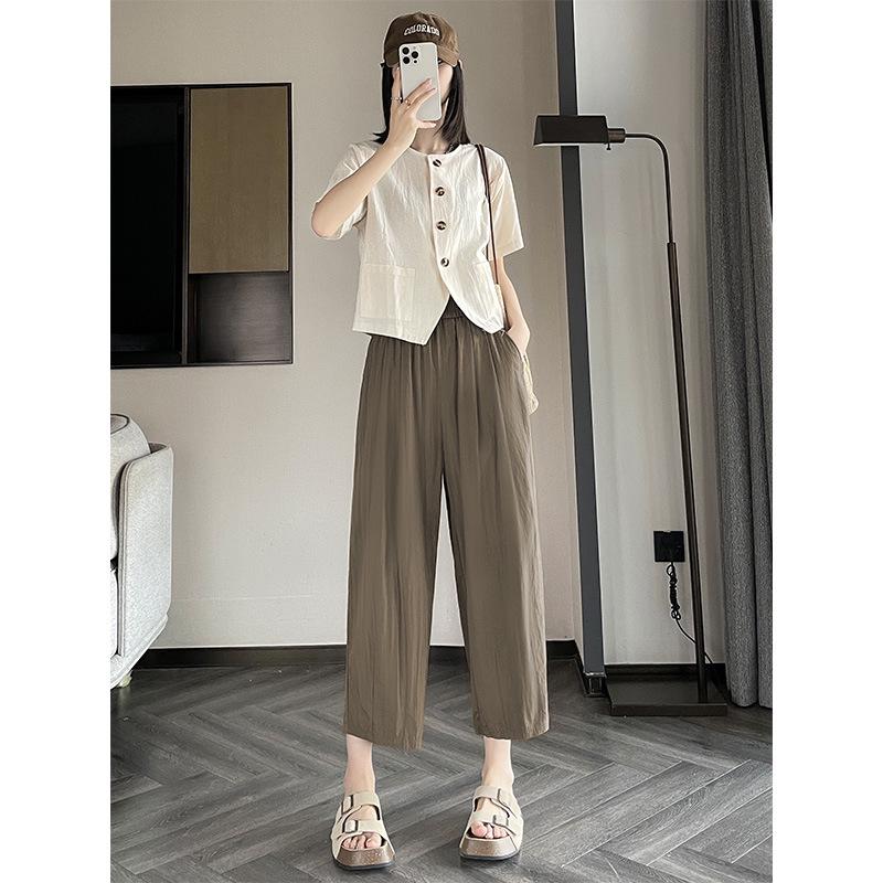 Women's High Waist Ice Silk Wide-Leg Carrot Pants - Petite, Slimming, Casual, Eight-Ninth Length for Spring/Summer