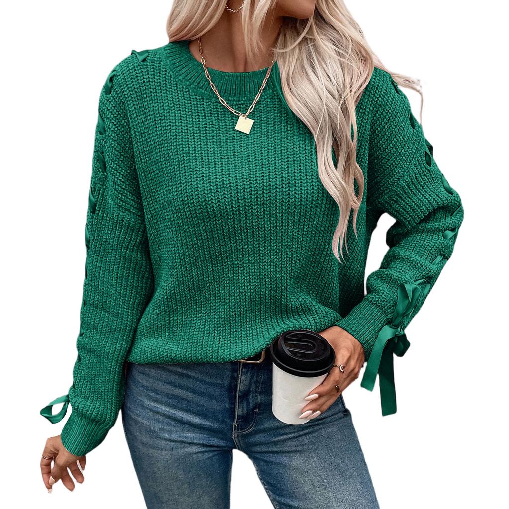 Women's Fashion Casual Round Neck Long Sleeve Solid Color Lace-up Bowknot Pullover Loose Women's Sweater
