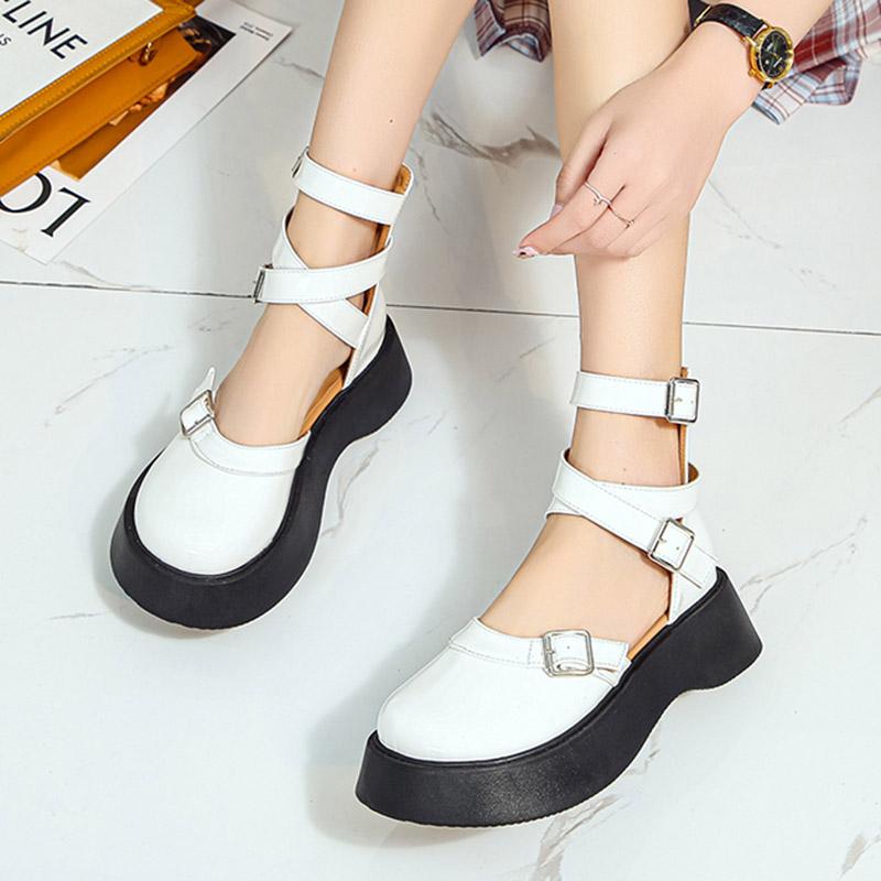 Lolita Sko Kryss-snøret Flate På Plattformsko Kvinner Spennestropp Lær Tykksåle Fritidssko Hvite Mary Janes Sko 9285c