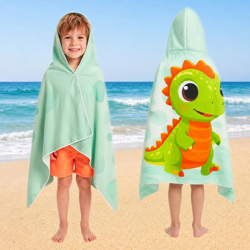 Kids Dinosaur Print Hooded Beach Towel Quick Dry Microfiber Bath Cape Pool Shower Sandproof