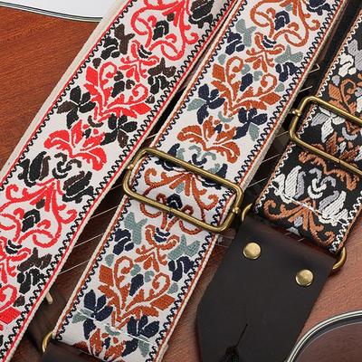 Vintage Flowers Embroidered Guitar Strap Leather Head Adjustable Guitar Strap Belt Ultra Thick Tail Nail Pick