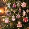 Christmas Gift Tags 12/24/36Pcs Pink Wooden Ornaments Set, Snowman Santa Hanging Decors, Xtmas Hanigings with Ropes for Tree Home Decor Party Supplies