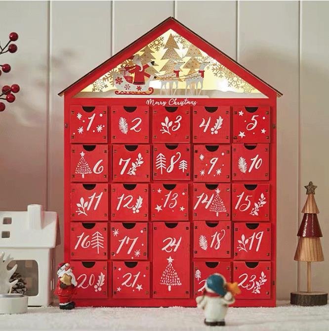 Casă Roșie Calendar Advent de Crăciun din Lemn cu 24 Sertare de Depozitare Numărătoarea Inversă până la Crăciun Decorațiune Cutie Depozitare Bomboane