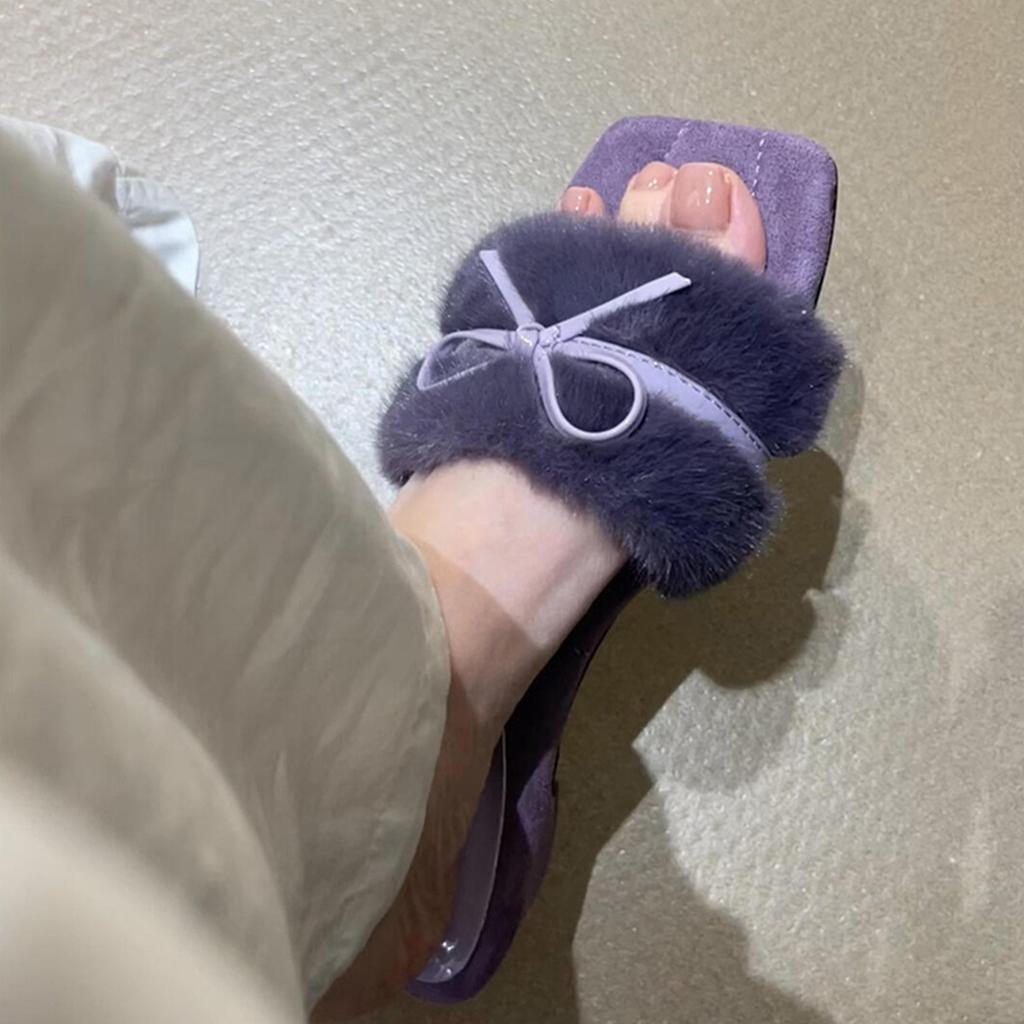 Soft Waxy Sweetheart! French Bow Fluffy Shoes Women Wear New Gentle Fairy Style Temperament Soft Bottom One-word Drag