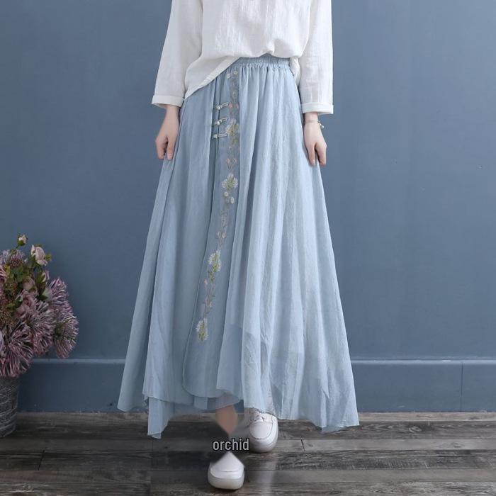 2024 Summer Women's Fairy Hanfu Dress with Embroidery and Frog Buttons - Retro Chiffon Midi Skirt.