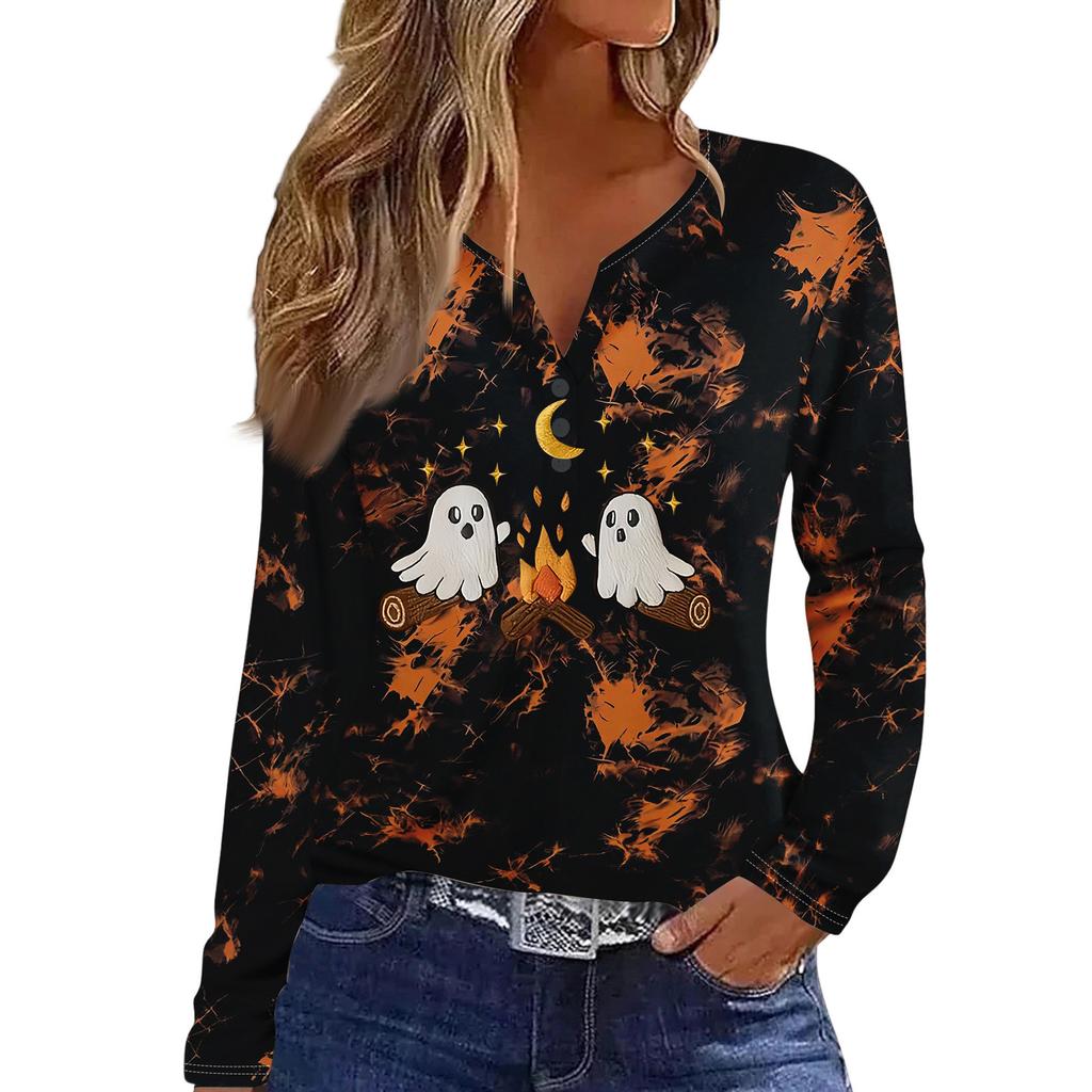 Women's Casual Halloween Print V-Neck Long Sleeve T-Shirt with Decorative Buttons