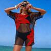 Yousheng 3Pcs/Set Women Swimsuit Set V-Neck Sling Bra High Waist Briefs Bikini Set with Breathable Mesh Cover-Up Vacation Party Summer Swimwear