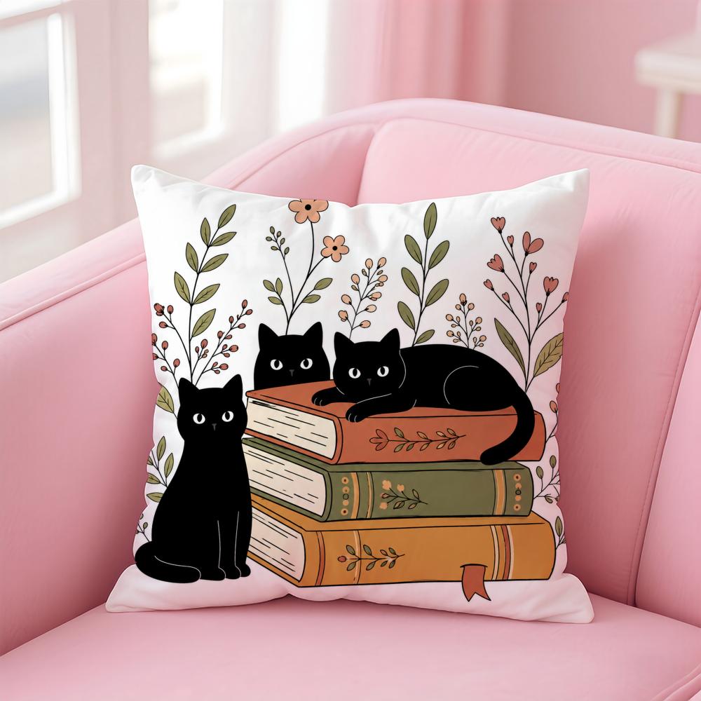 Black Cats With Books Cushion Cover Short Plush Soft DoubleSided Printing Pillow Case Cozy Sofa Bedroom Home Decor Gift