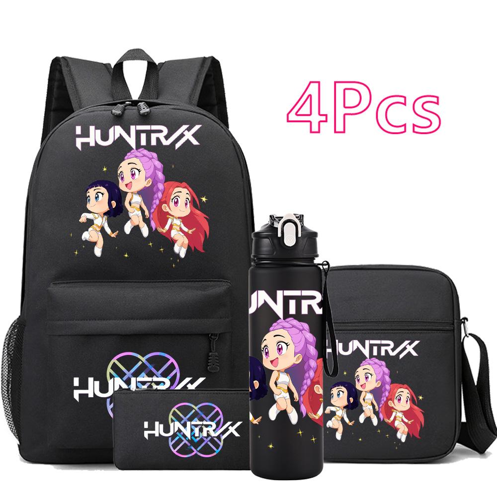 4Pcs/set Anime K-Pop Demon Hunters Printed Backpack Bookbag Shoulder Bag Case Bag with 750Ml Water Bottler for Boy Girl Large Capacity Schoolbag