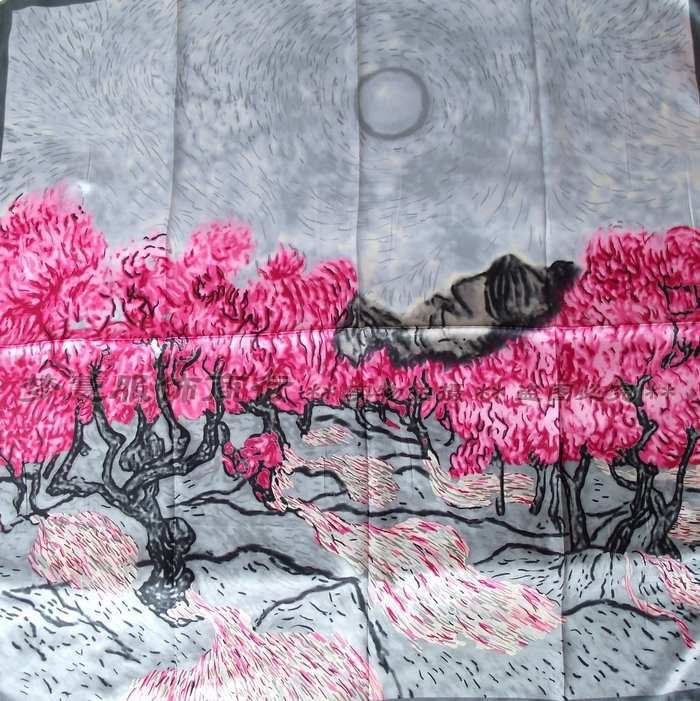 [BYSIFA] Dark Pink Silk Scarf Shawl New Sunrise Design Square Scarves Fashion Head Scarf 90*90cm Spring Ladies Satin Scarf Saly