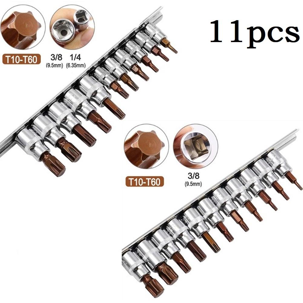 11-teiliges Steckschlüssel-Set Torx-Schraubendrehereinsätze 3/8 1/4 Zoll Schraubenschlüssel-Steckadapter T10 T15 T20 T25 T27 T30 T40 T45 T50 T55 T60