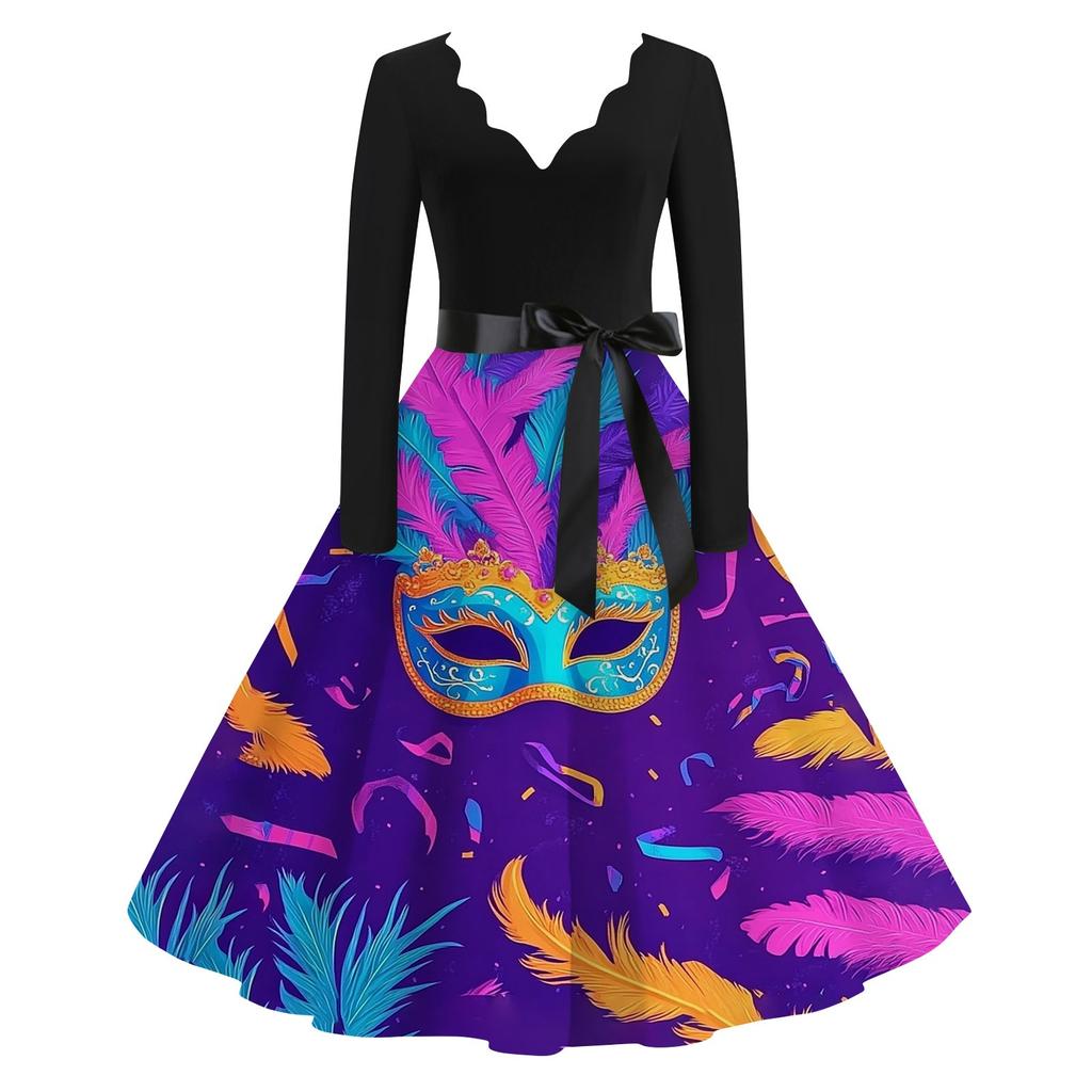 Damen Casual Fashion V-Ausschnitt Langarm Karneval Print Vintage Kleid