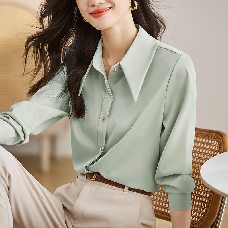 

Нова модна біла атласна блузка з довгим рукавом і відкладним коміром, жіночі топи, сорочки J310 2XL світло-зелений колір