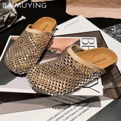 Fashion Crystal Women Flats Slippers Casual Fashion Mules Shoes Slingback Women's Sandals Summer 2025 New Trend Beach Woman Flip Flops