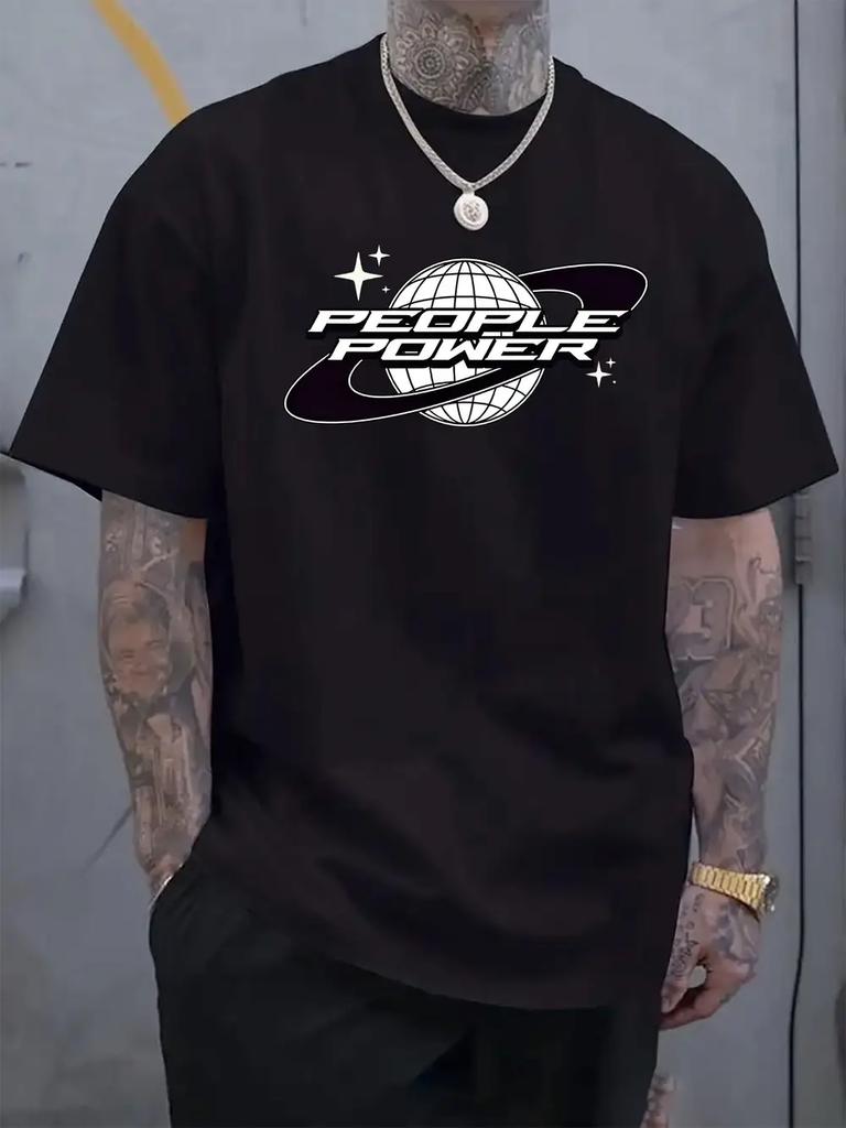 "People Power" Graphic Tee - Casual Round Neck Short Sleeve T-shirt with Globe & Star Design