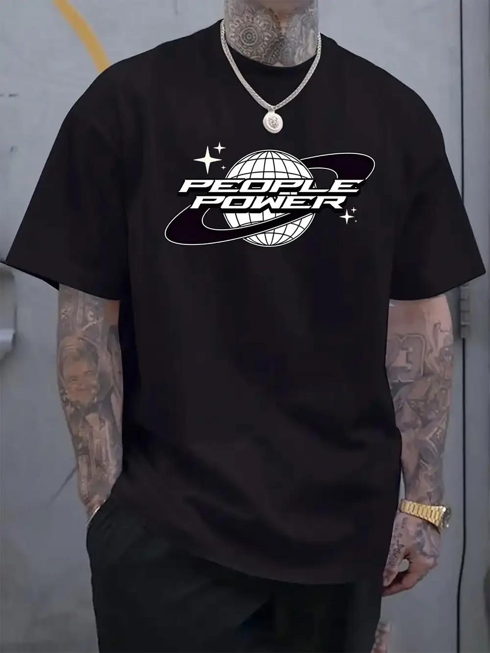 

People Power Graphic Tee - Casual Round Neck Short Sleeve T-shirt with Globe & Star Design XXXL