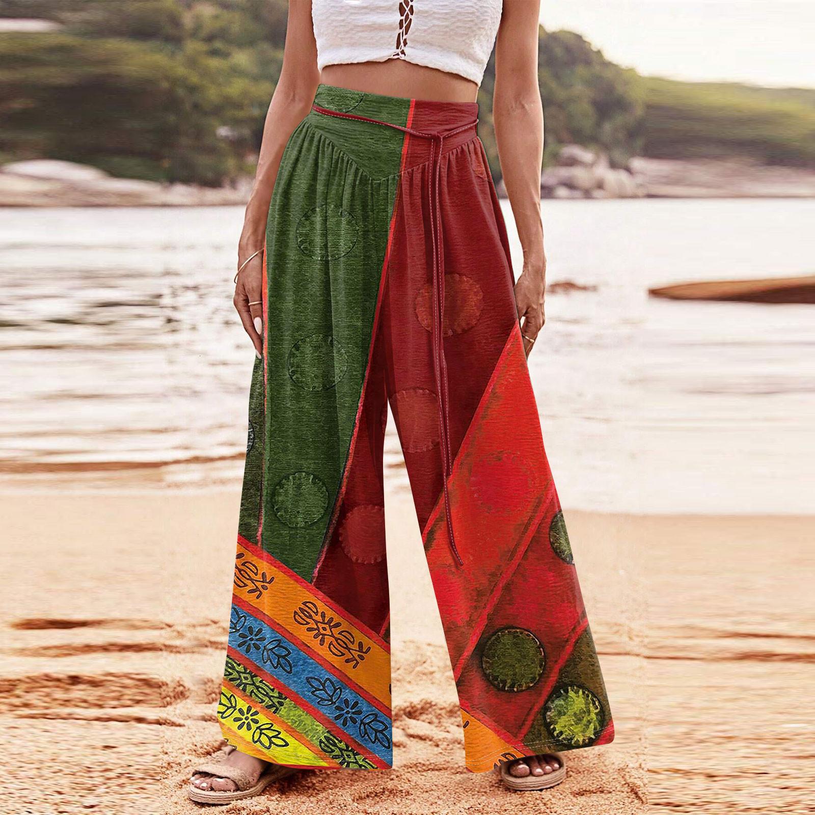 

Женские модные повседневные свободные широкие брюки с принтом на завязках и карманами