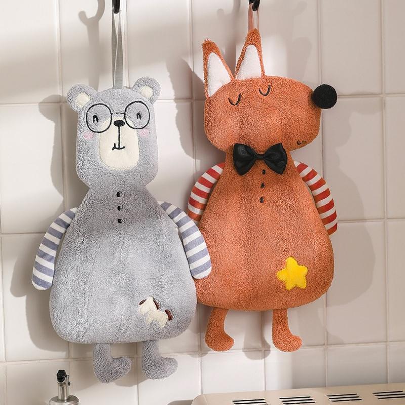Cute Cartoon Hanging Hand Towel Thick Coral Fleece Super Absorbent Quick Dry Soft Hand Drying Cloth for Bathroom Kitchen Household