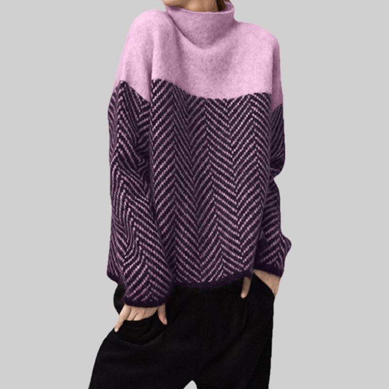 Suéter de Punto Retro Color Block Cuello Semi Alto Otoño Invierno Diseño Holgado Estilo Lazy Jersey Top