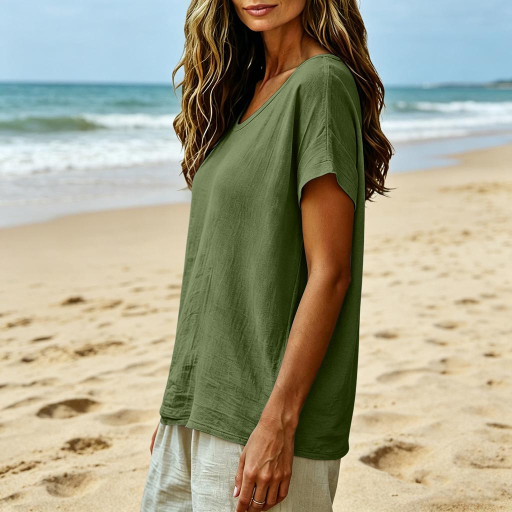 Womens Loose Fit Cotton Linen Crew Neck Casual Short Sleeve Top Relaxed Plain Blouse Comfortable Everyday Shirt for Ladies