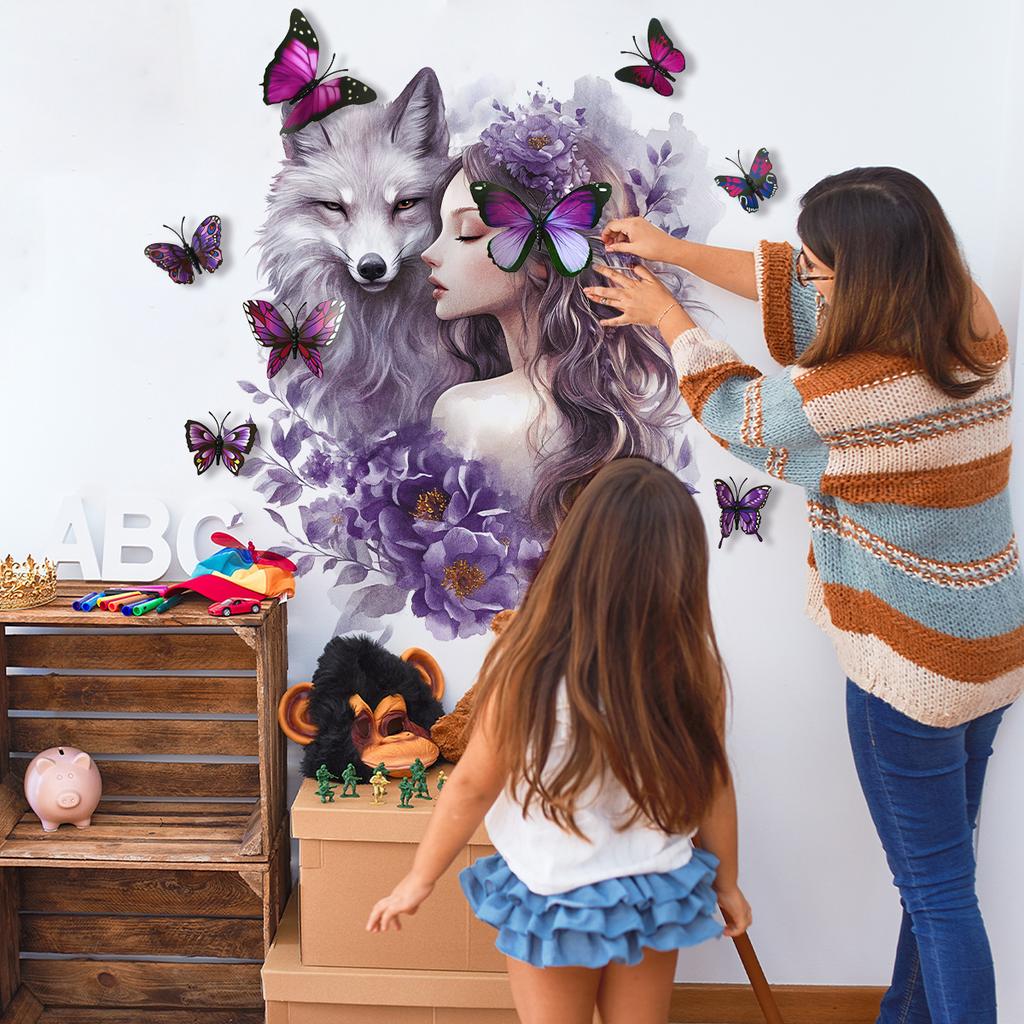 3D Wolf Wandsticker Schmetterling Blumen Fee Wandkunst Aufkleber für Mädchen Schlafzimmer Baby Kinderzimmer Dekor