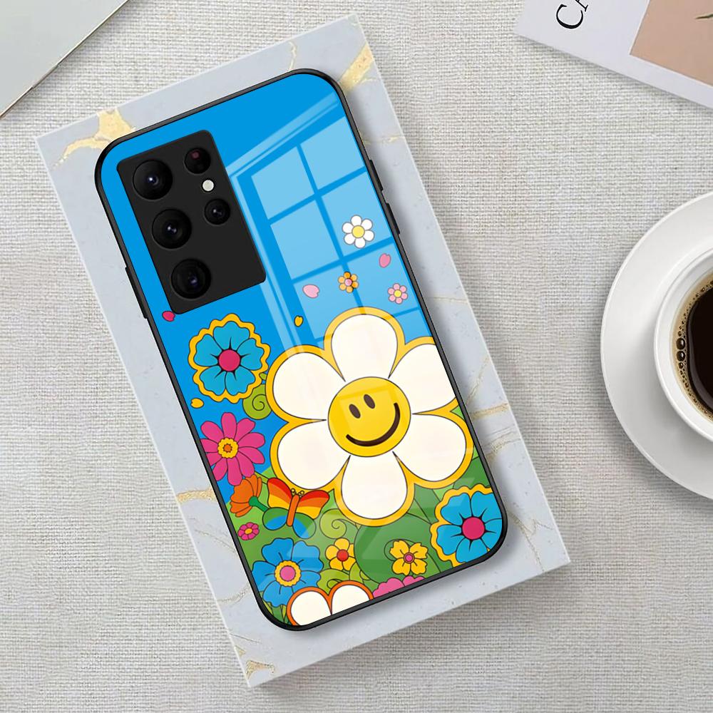 Sunflower Smiley Face Phone Case For Samsung S26 S25 Edge Ultra 23 22 21 20 Ultra Plus S24 Fe Glass Cover