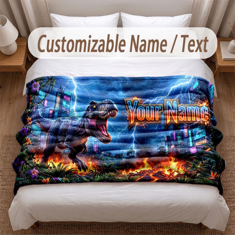 Dinosaur Theme Soft Blanket Personalized Custom Name Text Print Warm Blanket Home Sofa Bedroom Decor