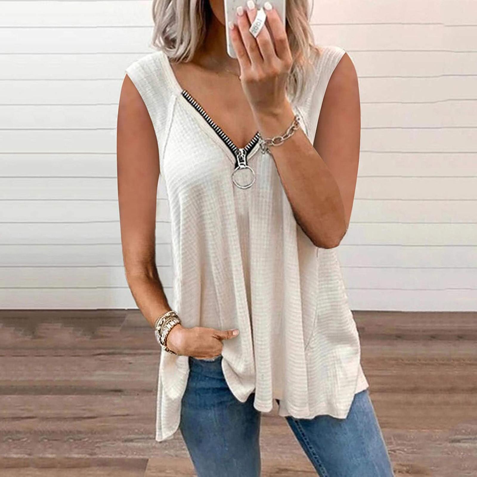 

Женские однотонные топы без рукавов с v-образным вырезом, туника, блузка на молнии, футболка S белый