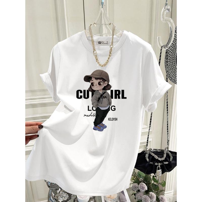 Large Version of Loose T-shirt for Women's Short-sleeved Pure Cotton Summer New Korean Version of Cute Girl Mid-length Top